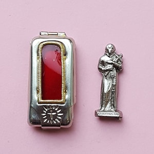 Religious vintage French catholic pocket shrine relic porta saint statue of Saint Gerardus Majella, Sint Gerardus in a silvered capsule.