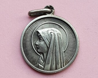 Stunning religious antique French catholic silver(MARKED) medal pendant holy charm medallion of Holy Mary our Lady, Virgin Mary.