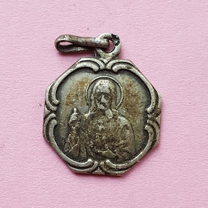 Religious antique French silver (MARKED) catholic medal pendant of Holy Christ our Lord Sacred Heart and Virgin Mary Scapular.