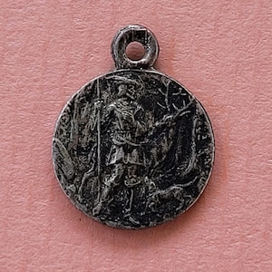 Rare religious antique French catholic silvered medal pendant holy charm medallion medal of Saint Hubert, St Hubertus and Saint Benedictus.
