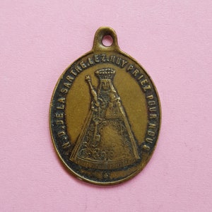 Religious antique copper catholic medal pendant medallion of Holy Mary our Lady, Virgin Mary, Notre Dame of Sarthe, a pilgrimage town.