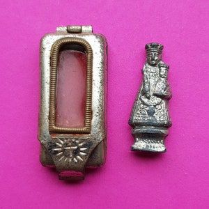 Antique pocket shrine, porta saint, travellers shrine, little statue, miniature silver plated statuette of Holy Virgin Mary and Child Jesus.