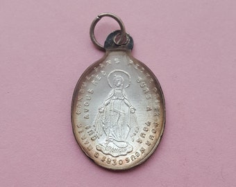 Rare stunning religious antique silvered medal pendant holy charm resine of Holy Mary our Lady, Miraculous Mary,  Sacred Heart Mary.