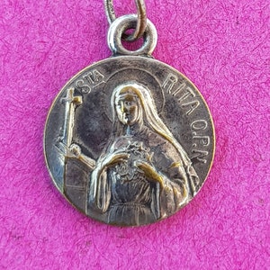 Religious antique French silver plated catholic medal pendant medallion holy charm of Saint Rita Patron of lost causes, difficult marriages.