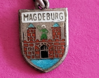 Beautiful vintage silver enameled travel shield charm, memory charms tourist charm, Coat of Arms, charm bracelet of Magdeburg, Germany