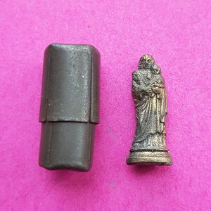 Religious antique silver plated French catholic pocket shrine relic relique porta saint with statue of Saint Joseph and child Jesus.