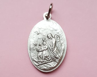 Religious vintage catholic silvered medal pendant medallion of Saint Michael, Saint Michel the Archangel, Guardian angel.
