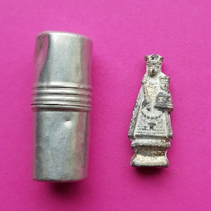 Antique pocket shrine, porta saint, traveler&#39;s shrine, little statue, miniature silver plated statuette of Holy Virgin Mary and Child Jesus.