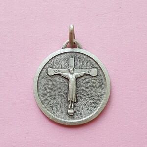 Big religious antique silvered catholic medal pendant medaillon medallion of Holy Cross of Tancremont a pilgrimage town in Belgium.