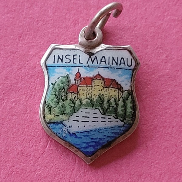 Beautiful vintage silver enameled travel shield charm, memory charms tourist charm, Coat of Arms, charm of Insel Mainau, Germany.