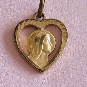 Religious antique gold plated vermeil French catholic medal pendant medallion holy charm of Virgin Mary, Holy Mary Our Lady.