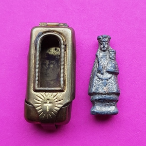 Antique pocket shrine, porta saint, travellers shrine, little statue, miniature silver plated statuette of Holy Virgin Mary and Child Jesus.