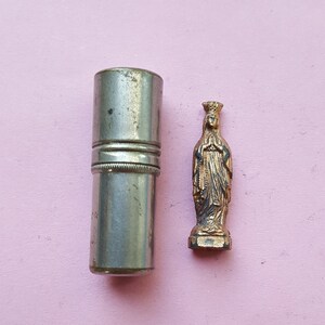 Religious antique silvered French catholic pocket shrine relic relique porta saint with gold plated statue of Holy Mother Mary Our Lady.