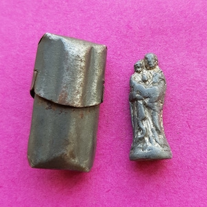 Religious antique pocket shrine, porta saint travellers shrine, little statue miniature silvered statue of Saint Joseph and Child Jesus.