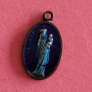 Very rare religious antique silvered enameled medal pendant medaillon holy charm Holy Mary our Lady of Paris, Notre Dame de Paris, France