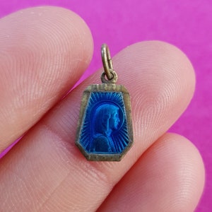 Religious antique silver plated enameled medal pendant medaillon medallion holy charm of Holy Mary our Lady, Virgin Mary.