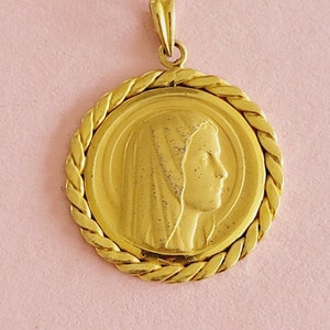 Religious antique gold plated vermeil French catholic medal pendant medallion holy charm of Virgin Mary, Holy Mary Our Lady.