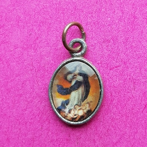 Religious vintage light silver plated enameled medal pendant medaillon holy charm of Holy Mary our Lady.