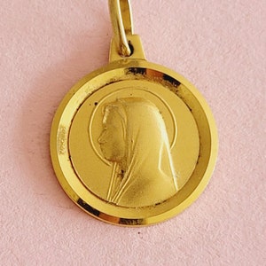 Religious antique gold plated vermeil French catholic medal pendant medallion holy charm of Virgin Mary, Holy Mary Our Lady.
