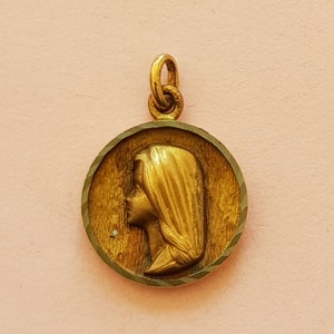 Religious antique gold plated vermeil French catholic medal pendant medallion holy charm of Virgin Mary, Holy Mary Our Lady.