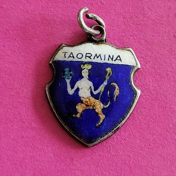Beautiful vintage silver enameled travel shield charm, memory charms tourist charm, Coat of Arms, charm of Taormina Sicilia, Sicily, Italy.