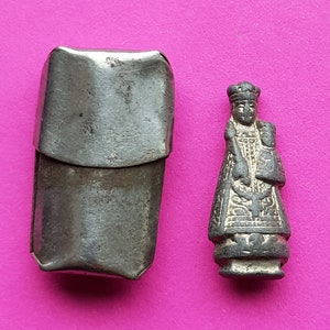 Antique pocket shrine, porta saint, travellers shrine, little statue, miniature silver plated statuette of Holy Virgin Mary and Child Jesus.