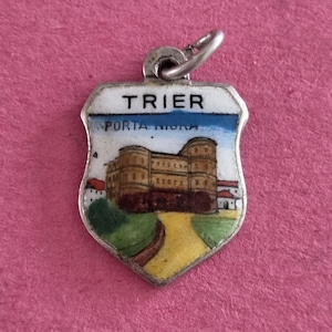Beautiful vintage silver enameled travel shield charm, memory charms tourist charm, Coat of Arms, charm of Porta Nigra, Trier, Germany.