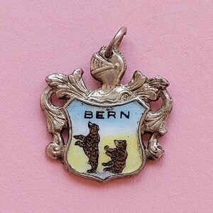 Beautiful vintage silver enameled travel shield charm, memory charms tourist charm, Coat of Arms, charm of Basel, Switzerland, Schweiz.