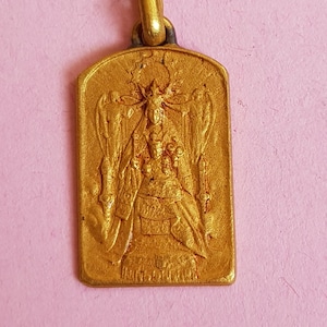 Religious antique gold plated vermeil French catholic medal pendant medallion holy charm of Virgin Mary, Holy Mary Our Lady.