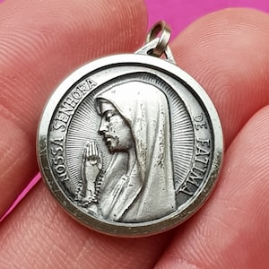 Religious antique holy charm catholic silver plated medal pendant of Our Lady of Fatima, Nossa Senhora Do Rosario De Fatima 1917.