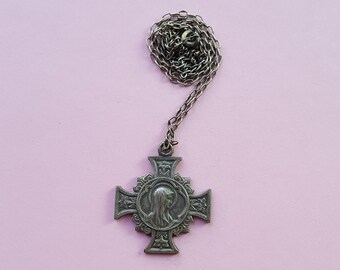 Very beautiful religious French catholic silvered medal pendant, medallion holy charm with necklace of Holy Mary our Lady, Virgin Mary.