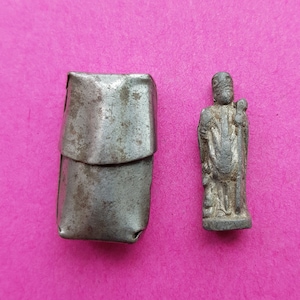 Religious antique silver plated French catholic pocket shrine relic relique porta saint with statue statuette of bishop Saint Nicolas.