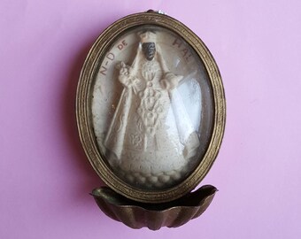 Religious antique catholic copper holy water font relic reliqaary shrine Meerschaum of Black Madonna Holy Mary Our Lady of Hal in Belgium.