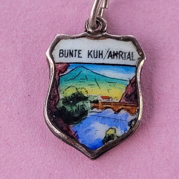 Beautiful vintage silver enameled travel shield charm, memory charms tourist charm, Coat of Arms, charm of Bunte Kuh, Ahrtal, Germany.