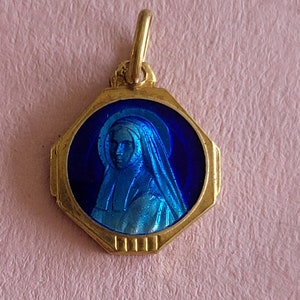 Stunning religious antique gold plated enameled medal pendant medaillon medallion of Holy Mary our Lady, Virgin Mary of Lourdes France.