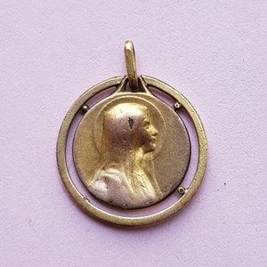 Engraved with Laurence, precious religious antique gold plated medal French medal pendant medallion of Virgin Mary, Holy Mary Our Lady.