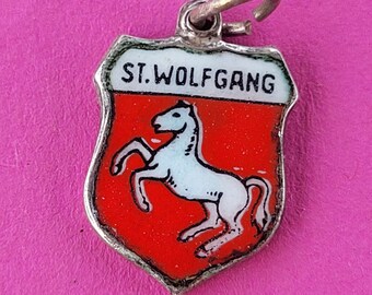 Beautiful vintage silver enameled travel shield charm, memory charms tourist charm Coat of Arms, charm bracelet of Sankt Wolfgang, Austria.
