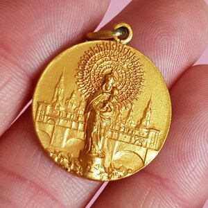 Religious antique gold plated vermeil French catholic medal pendant medallion holy charm of Virgin Mary, Holy Mary Our Lady.