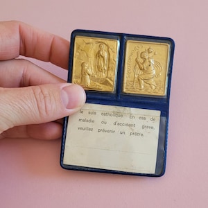 Religious gold plated catholic relic reliquary plastic booklet shrine case Travel Plaque of Saint Christopher and Holy Mary, Virgin Mary.