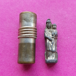 Antique pocket shrine, porta saint, travellers shrine, little statue, miniature silver plated statuette of Holy Virgin Mary and Child Jesus.