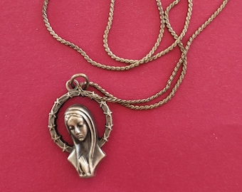 Antique French art deco silver plated pocket watch chain / necklace with medal pendant of Holy Mary.