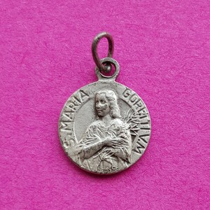Rare religious antique French catholic silvered medal pendant holy charm medal of Saint Maria Goretti, St Maria Goretti and Holy Virgin Mary