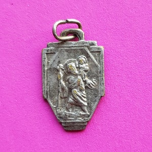 Beautiful antique French catholic silver plated medal pendant medaillon holy charm of Saint Christopher Christophorus traveller medal.