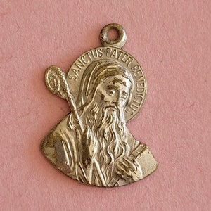 Religious antique silver MARKED catholic medal pendant medaillon medallion of Saint Benedict, the Medal or Cross of Saint Benedict.
