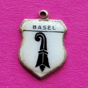 Beautiful vintage silver enameled travel shield charm, memory charms tourist charm, Coat of Arms, charm of Basel, Switzerland, Schweiz.