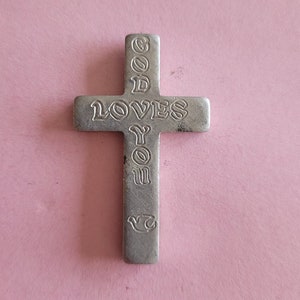 Vintage silver plated catholic pocket shrine cross crucifix of the Holy Cross, Crucifix, God loves you.