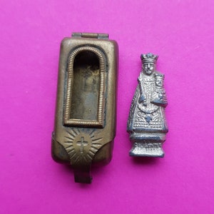 Antique pocket shrine, porta saint, travellers shrine, little statue, miniature silver plated statuette of Holy Virgin Mary and Child Jesus.