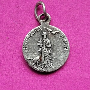 Medalha de prata católica antiga religiosa pingente medalhão medalhão amuleto sagrado de Saint Ghislain com urso, Lille e Saint Joannes.