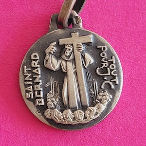 Religious French catholic silver HALLMARKED medal pendant medallion holy charm of Saint Bernard Saint Bernard, patron of mountains.