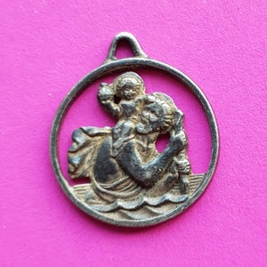 Beautiful antique French catholic silver plated medal pendant medaillon holy charm of Saint Christopher Christophorus traveller medal.